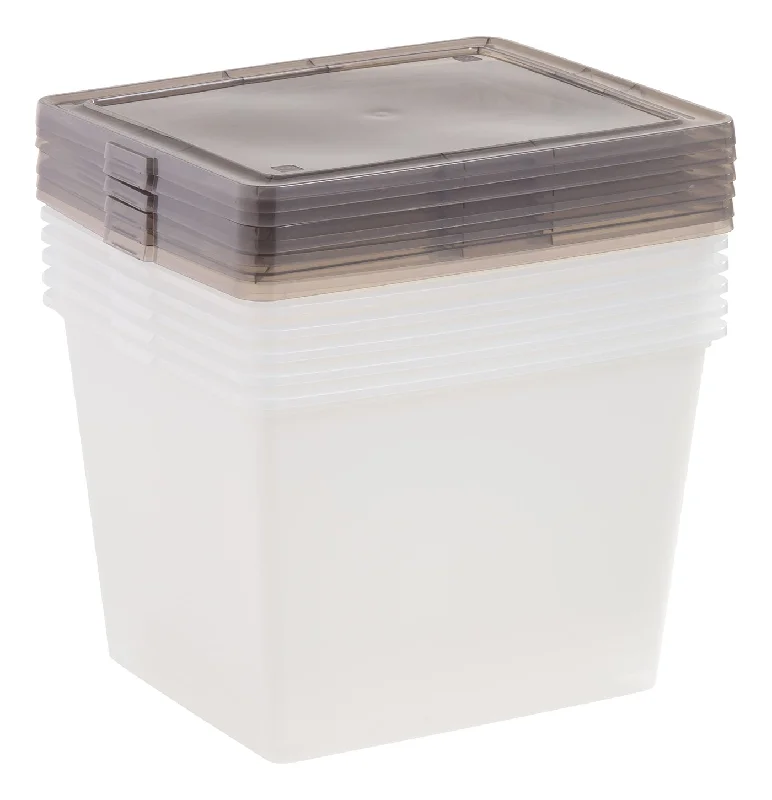 36 Qt. Stackable Box, Plastic Storage Bins with Lids, Clear, Gray Lid, Set of 6