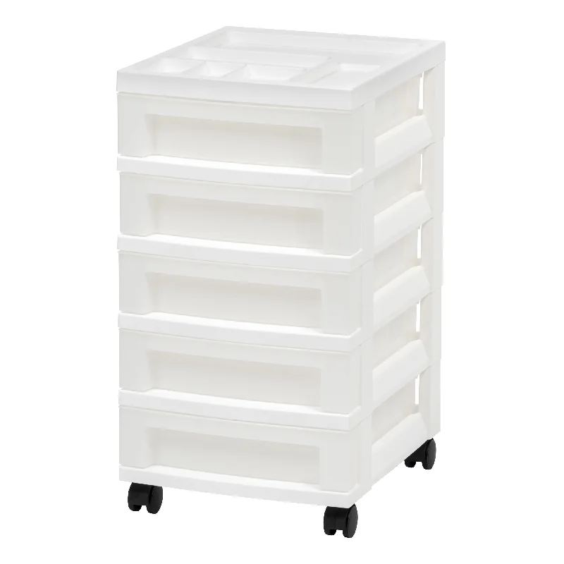 5-Drawer Storage Cart with Organizer Top, White/Pearl