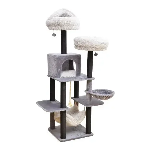 Catry Bradbury 7 Level Gray Cat Tree With Scratching Posts, Condo, Hammock and Two Shag Fur Cushions