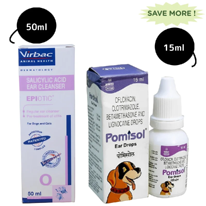 Intas Pomisol Ear Drops (15ml) and Virbac Epiotic Ear Cleanser for Dogs & Cats (50ml) Combo