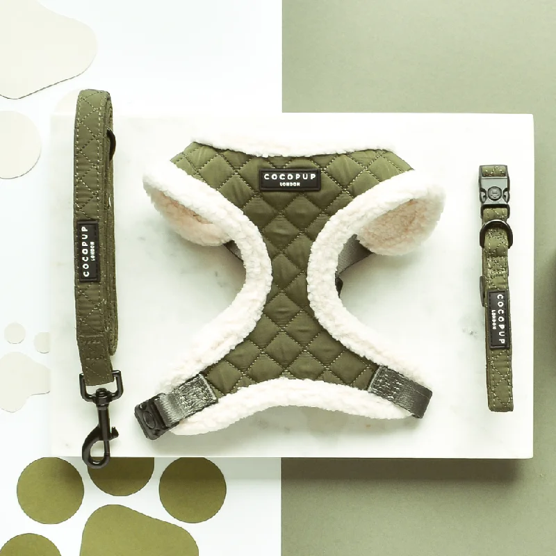 Khaki Quilted Adjustable Neck Harness, Lead & Collar Bundle