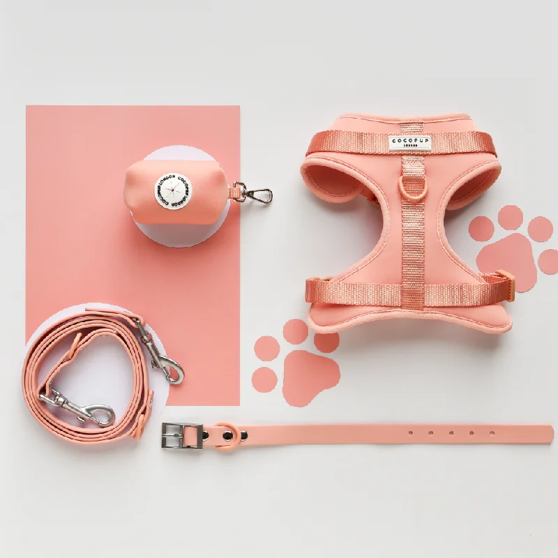 NAKD Adjustable Neck Harness, Lead, Collar & Poop Bag Holder Bundle - Peach Floof