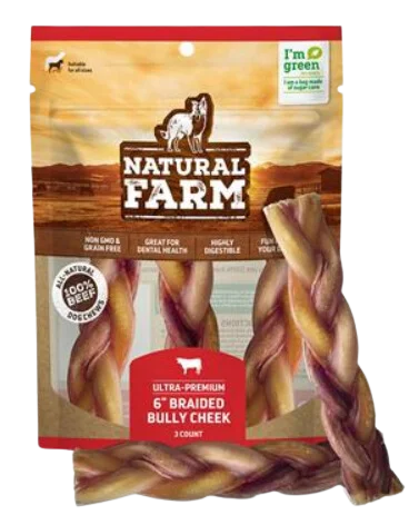 Natural Farm Braided Bully Cheek Sticks 6" 3-Pack Bag