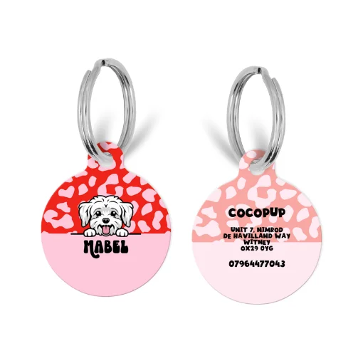 Personalised Dog Cartoon ID Tag - Red & Pink Leopard