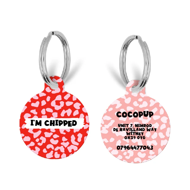 Personalised Text ID Tag - Red and Pink Leopard