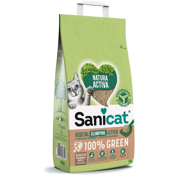 SANICAT 100% Green, grudajući biljni pijesak za mačke, bezmirisni, 5kg