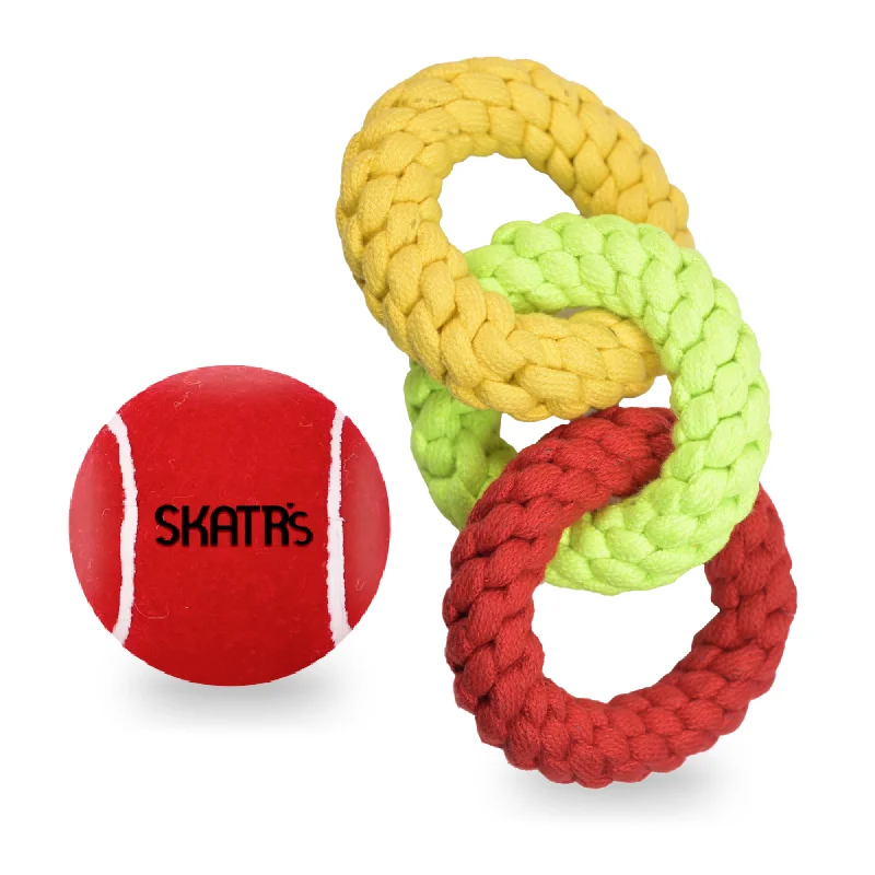 Skatrs Tennis Ball for Dogs and Triple Ring Rope Chew Toy for Dogs and Cats Combo