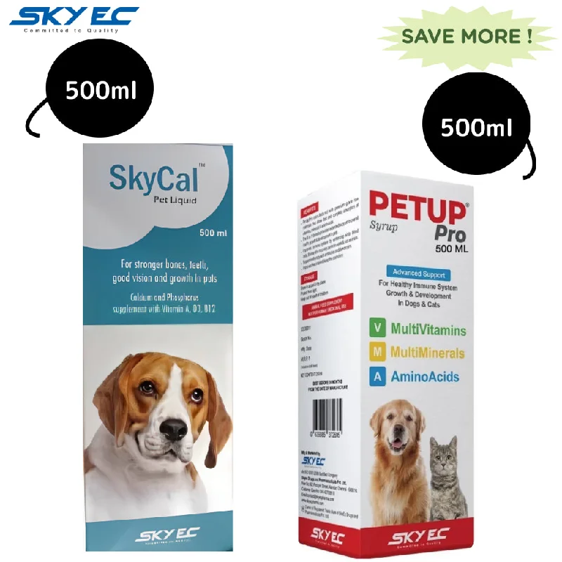 Skyec Sky Cal Calcium Supplement Syrup (500ml) and Petup Pro Syrup (500ml) for Dogs and Cats Combo