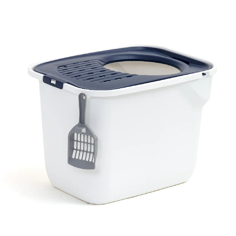 Top Entry Cat Litter Box with Litter Catching Grated Lid & Scoop, White/Navy Blue