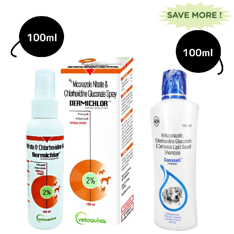 Vetoquinol Dermichlor Spray (100ml) and Intas Conaseb Shampoo for Dogs & Cats (100ml) Combo