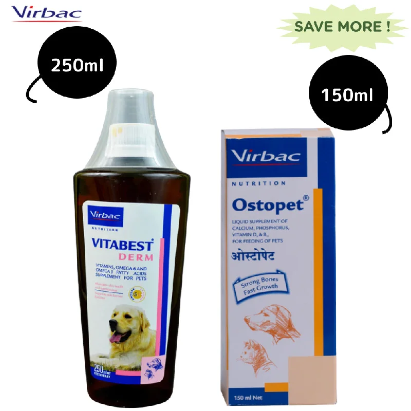 Virbac Ostopet Calcium Supplement Syrup (150ml) and Vitabest Derm Omega 3 + 6 Syrup for Dogs & Cats (250ml) Combo