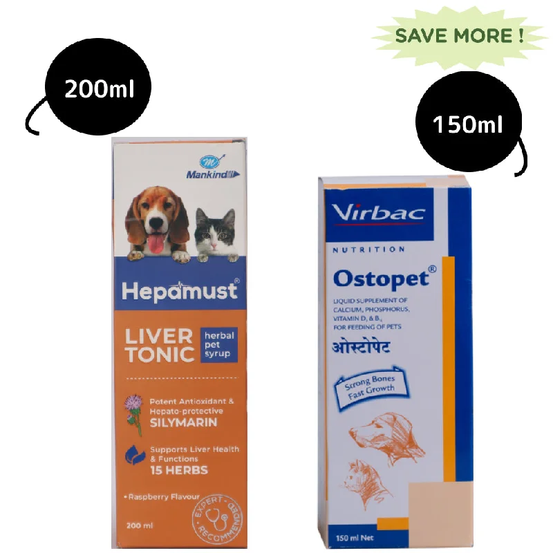 Virbac Ostopet Syrup (150ml) and Mankind Hepamust Syrup Liver Tonic for Dogs and Cats (200ml) Combo