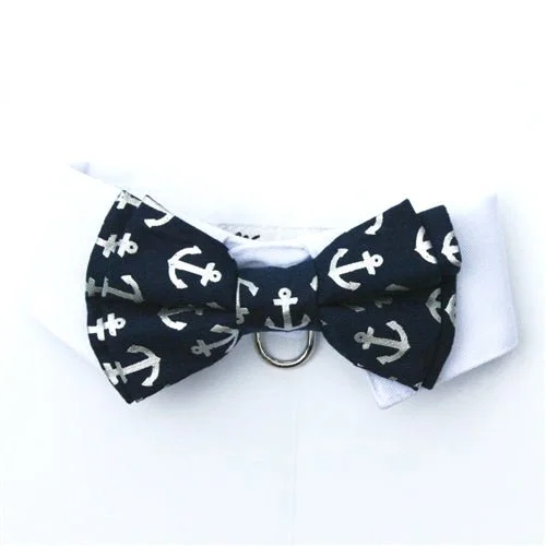 White Shirt Dog Collar with Navy Anchor Bow Tie